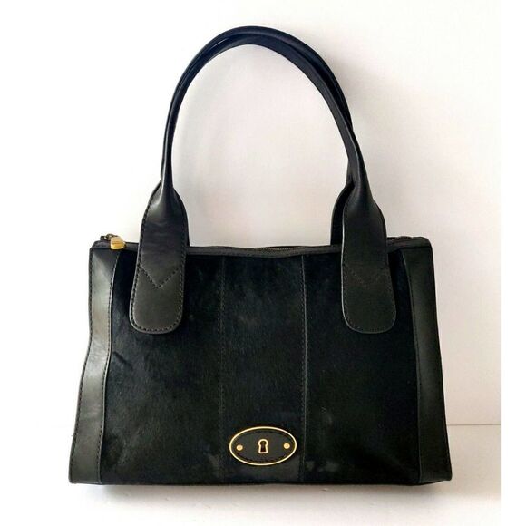 FOSSIL REISSUE BLACK HAIR ON HIDE GENUINE LEATHER TOTE SHOULDER BAG HANDBAG - Picture 3 of 10